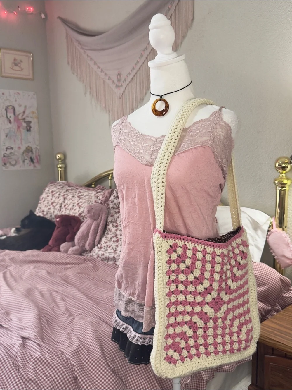 Cream and Pink Crochet Shoulder Bag - Handmade Boho Style